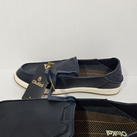 $140 Olukai Kākaha Nia Mens 12 Leather Slip On Shoes Loafer Casual Indigo Blue main image 5